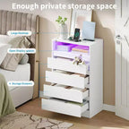 Commode à 4 tiroirs, commode LED blanche avec station de recharge, fixation murale, bande lumineuse réglable 6 couleurs, blanche