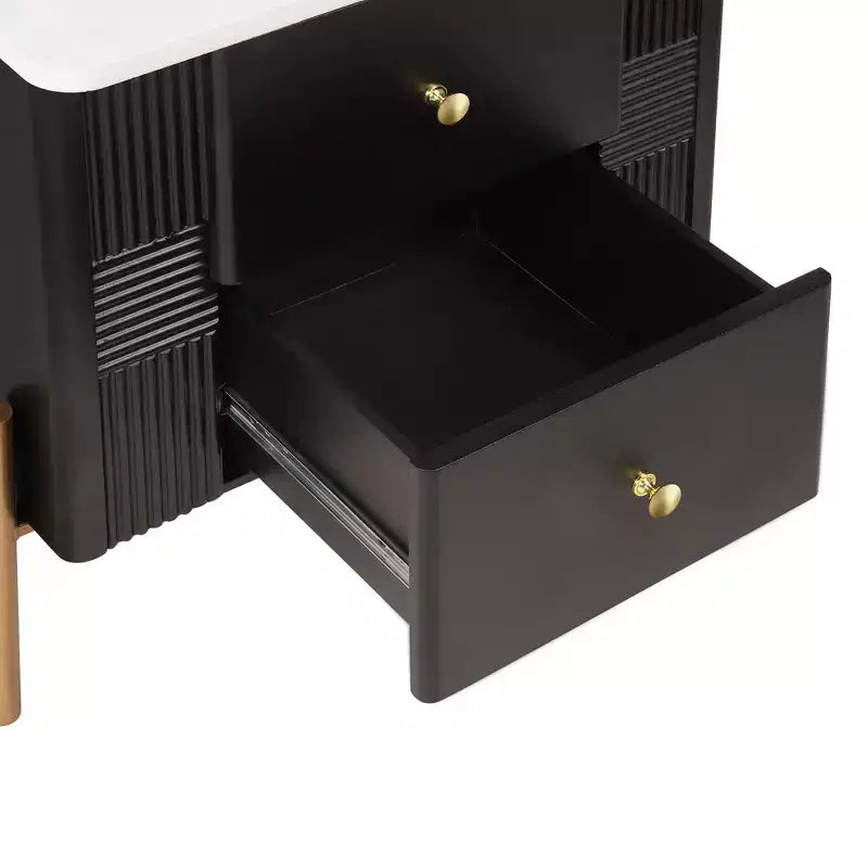 Table de chevet minimaliste moderne avec 2 tiroirs, poignées dorées et design texturé