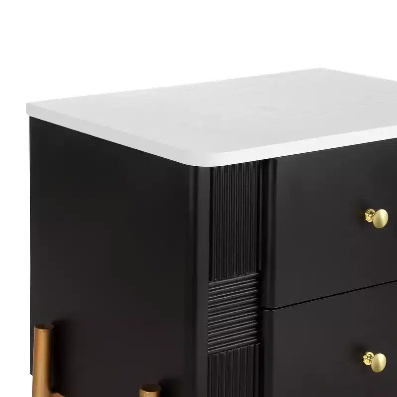 Table de chevet minimaliste moderne avec 2 tiroirs, poignées dorées et design texturé
