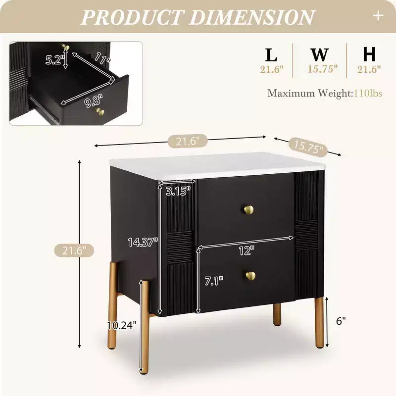 Table de chevet minimaliste moderne avec 2 tiroirs, poignées dorées et design texturé