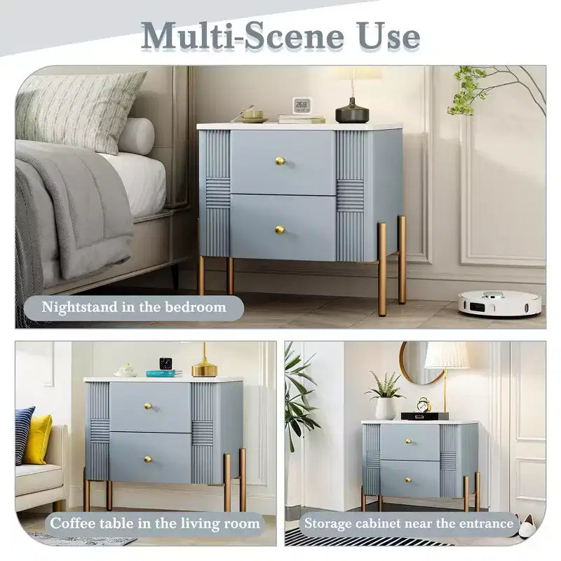 Table de chevet minimaliste moderne avec 2 tiroirs, poignées dorées et design texturé