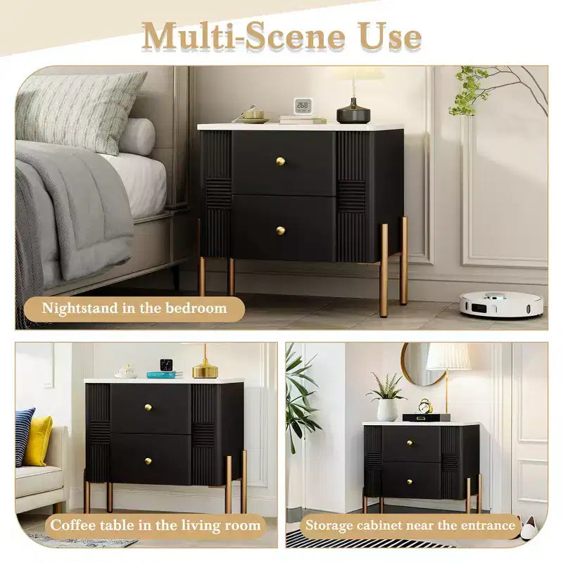 Table de chevet minimaliste moderne avec 2 tiroirs, poignées dorées et design texturé