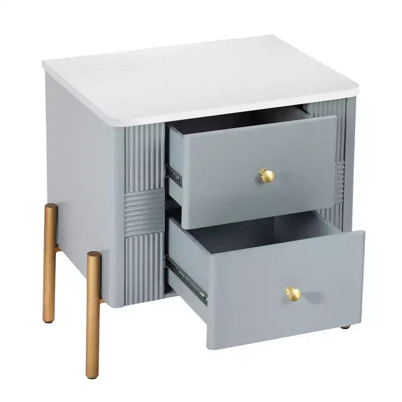 Table de chevet minimaliste moderne avec 2 tiroirs, poignées dorées et design texturé