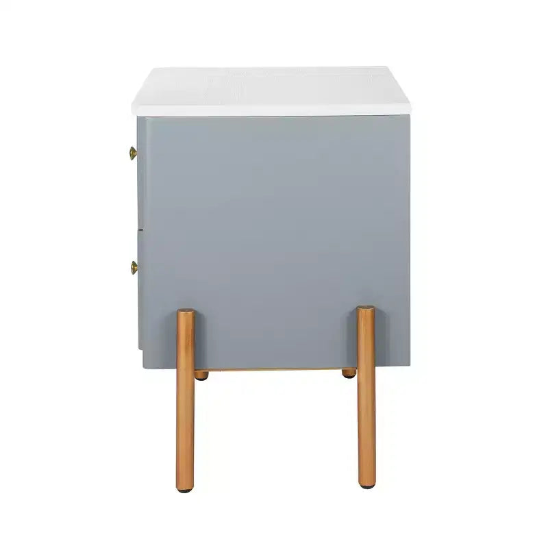 Table de chevet minimaliste moderne avec 2 tiroirs, poignées dorées et design texturé