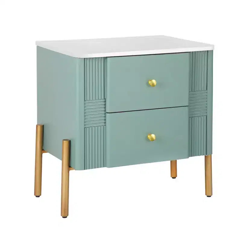Table de chevet minimaliste moderne avec 2 tiroirs, poignées dorées et design texturé