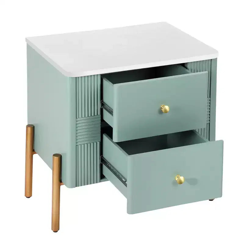 Table de chevet minimaliste moderne avec 2 tiroirs, poignées dorées et design texturé
