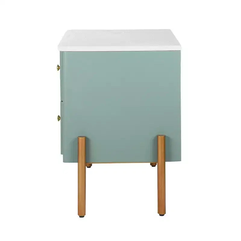 Table de chevet minimaliste moderne avec 2 tiroirs, poignées dorées et design texturé