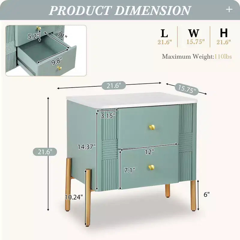 Table de chevet minimaliste moderne avec 2 tiroirs, poignées dorées et design texturé