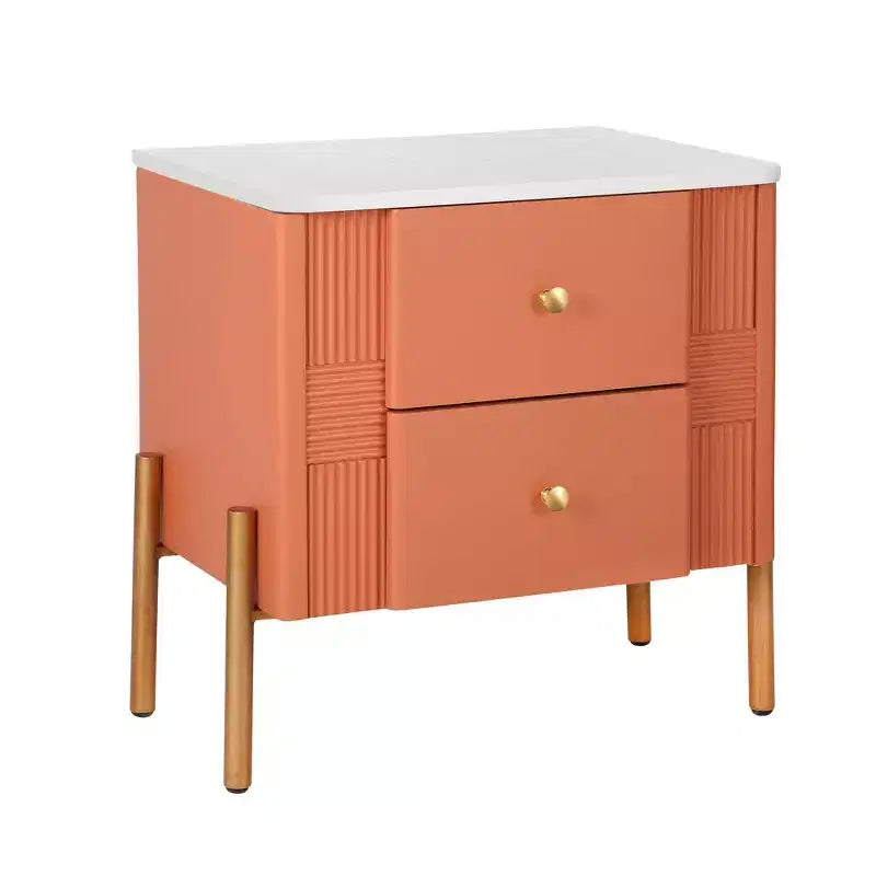 Table de chevet minimaliste moderne avec 2 tiroirs, poignées dorées et design texturé