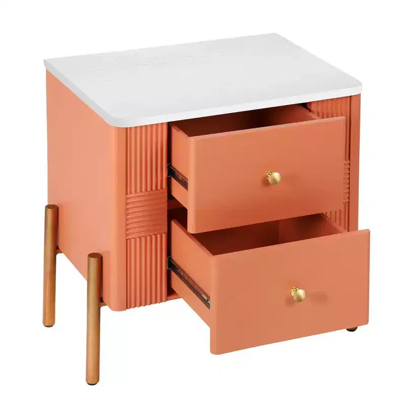 Table de chevet minimaliste moderne avec 2 tiroirs, poignées dorées et design texturé