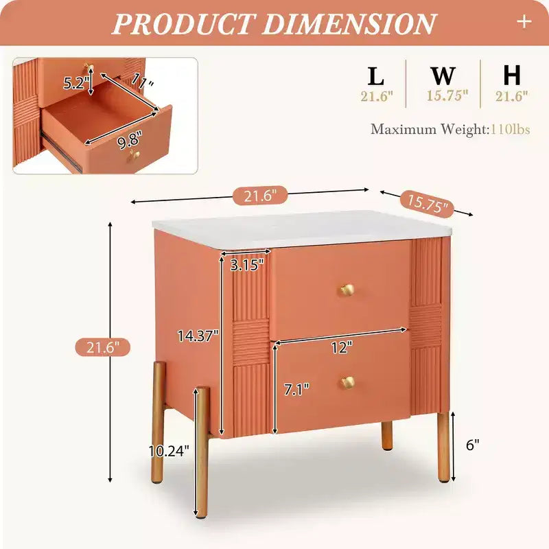 Table de chevet minimaliste moderne avec 2 tiroirs, poignées dorées et design texturé