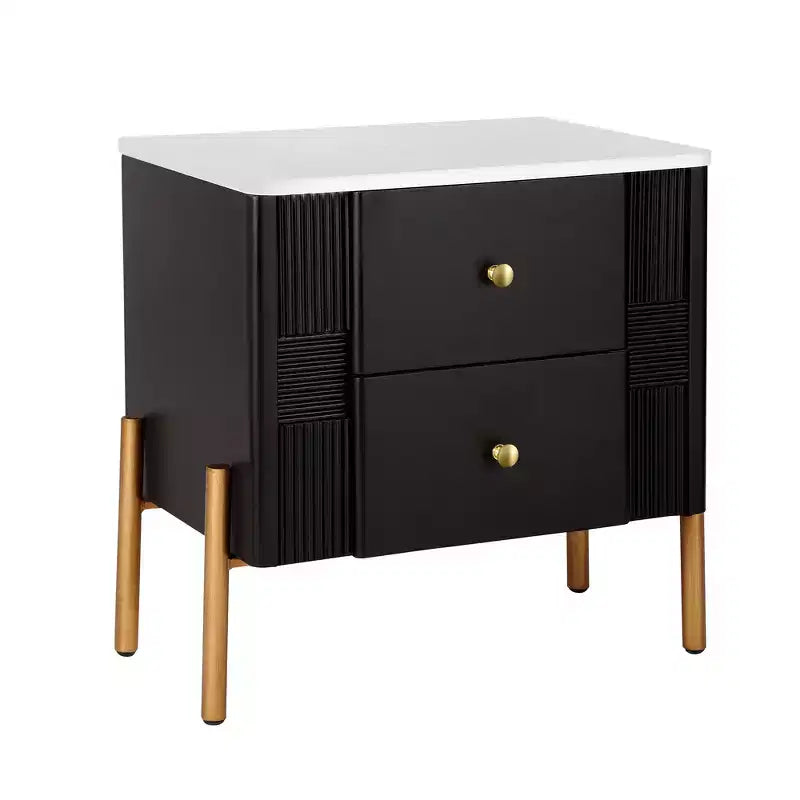 Table de chevet minimaliste moderne avec 2 tiroirs, poignées dorées et design texturé