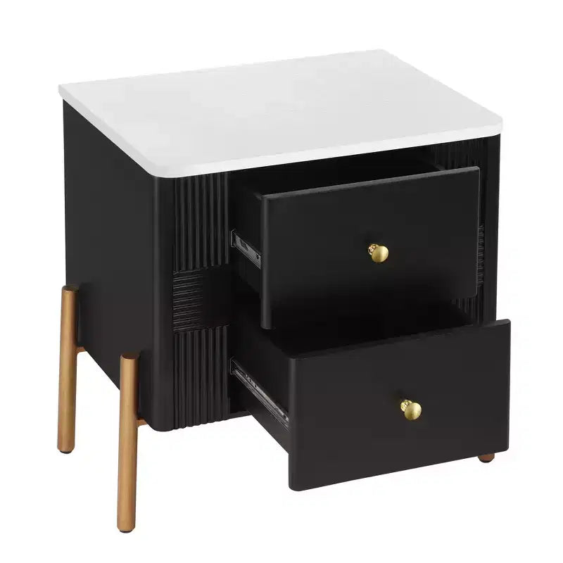 Table de chevet minimaliste moderne avec 2 tiroirs, poignées dorées et design texturé