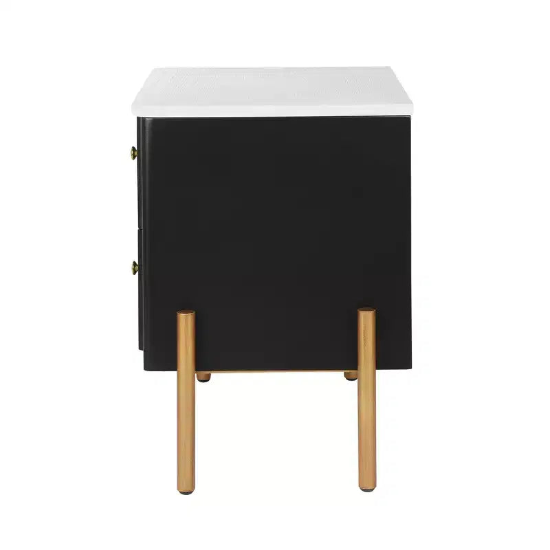 Table de chevet minimaliste moderne avec 2 tiroirs, poignées dorées et design texturé