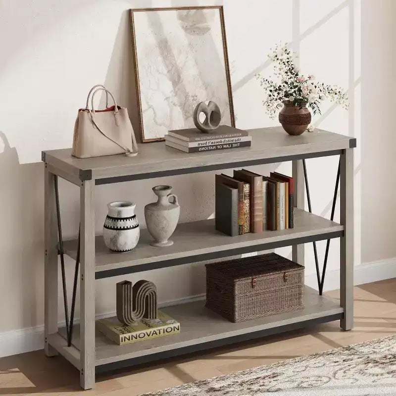 47 Inch Farmhouse Entryway Table, 3 Tier Wood Console Table with Storage, for Living Room, Hallway Table, Grey