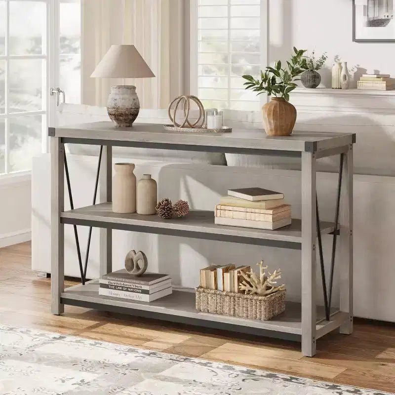 Table d'entrée de ferme de 120 cm, console en bois à 3 niveaux avec rangement, pour salon, table de couloir, grise