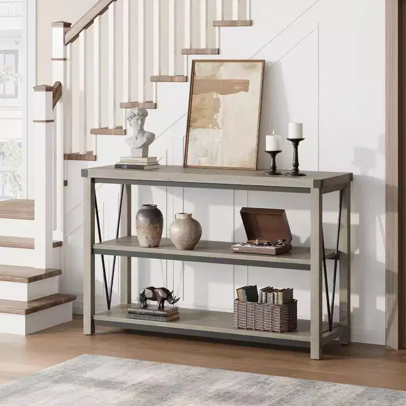 Table d'entrée de ferme de 120 cm, console en bois à 3 niveaux avec rangement, pour salon, table de couloir, grise