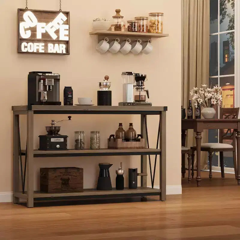 Table d'entrée de ferme de 120 cm, console en bois à 3 niveaux avec rangement, pour salon, table de couloir, grise
