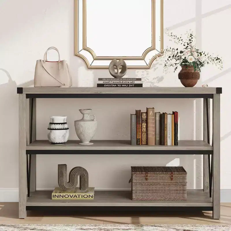 Table d'entrée de ferme de 120 cm, console en bois à 3 niveaux avec rangement, pour salon, table de couloir, grise