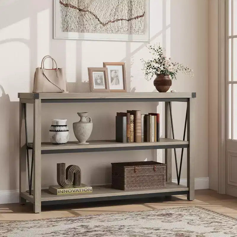 Table d'entrée de ferme de 120 cm, console en bois à 3 niveaux avec rangement, pour salon, table de couloir, grise