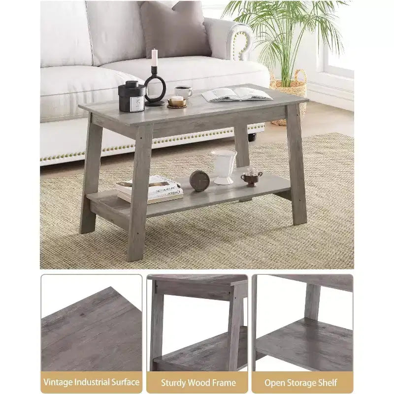 31,5 Table basse industrielle moderne avec rangement à 2 niveaux, table rectangulaire compacte en MDF et panneaux de particules pour salon et bureau