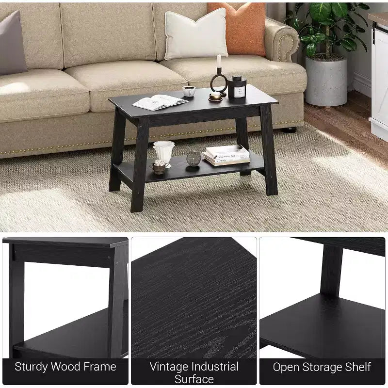 31,5 Table basse industrielle moderne avec rangement à 2 niveaux, table rectangulaire compacte en MDF et panneaux de particules pour salon et bureau
