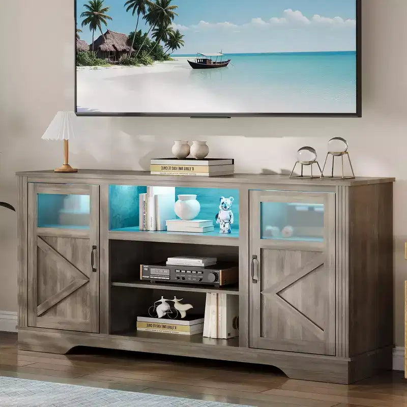 Meuble TV de ferme pour téléviseurs de 65 po, 87,4 cm de haut avec rangement et éclairage DEL