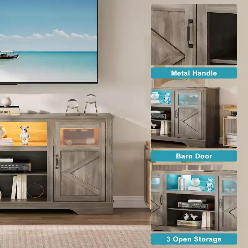 Meuble TV de ferme pour téléviseurs de 65 po, 87,4 cm de haut avec rangement et éclairage DEL