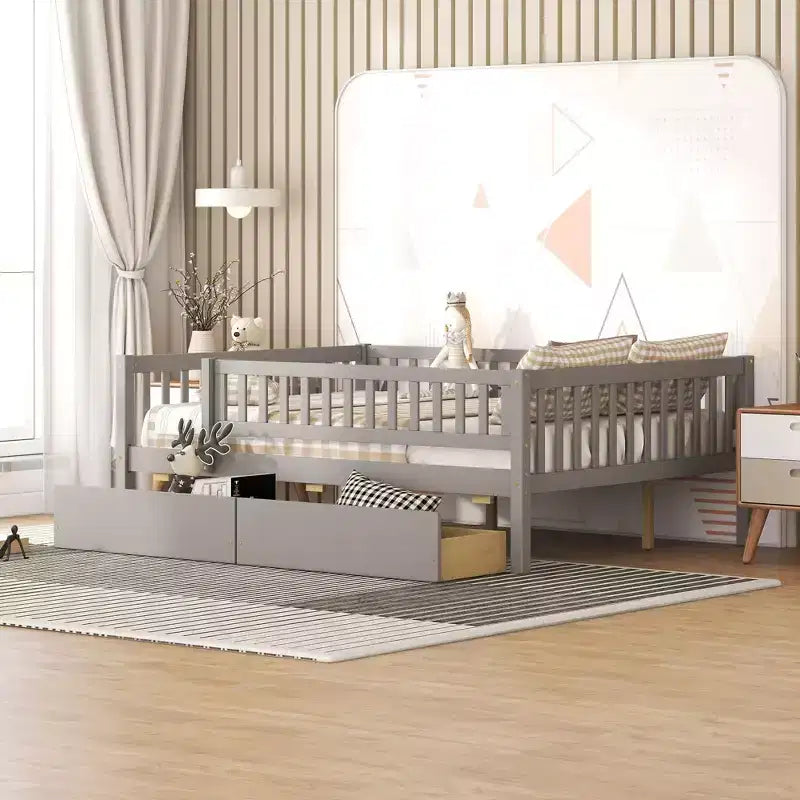 Full Size Daybed Wood Bed with Two Drawers Gray
