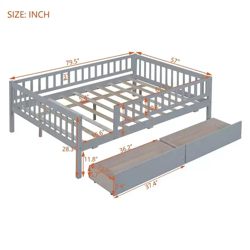 Lit de repos en bois de taille standard avec deux tiroirs Gris