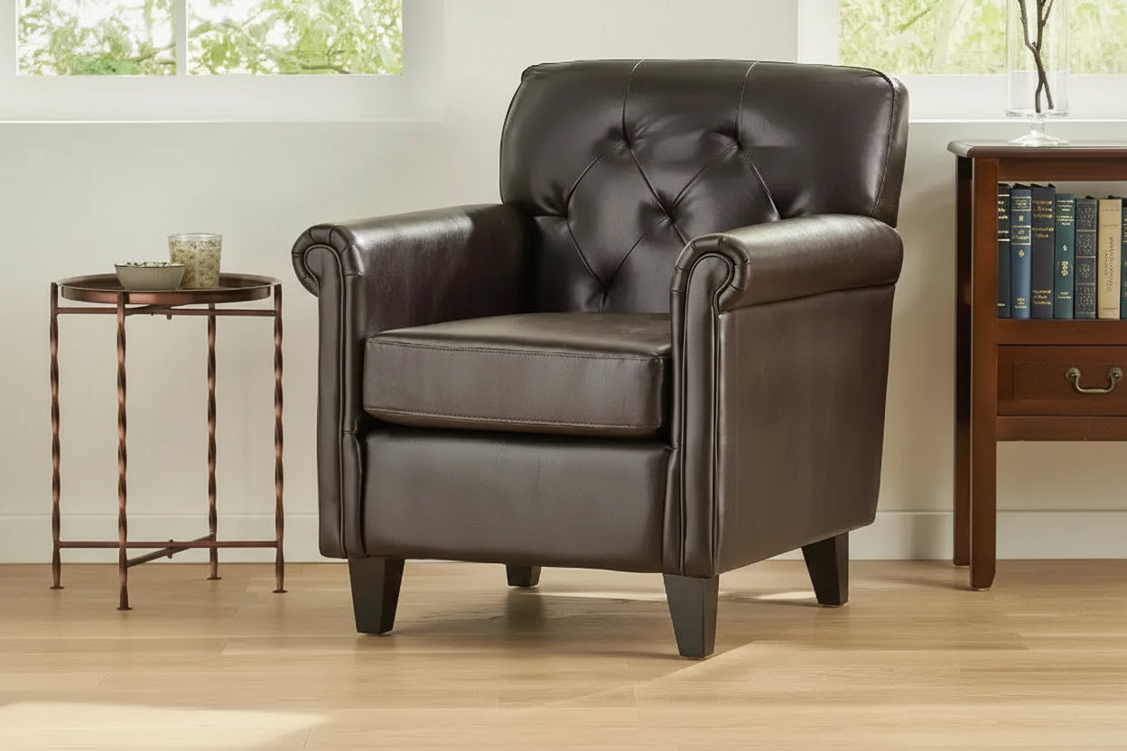 Christopher Knight Home Veronica Contemporary Bonded Leather Tufted Club Chair with Rolled Arm Design