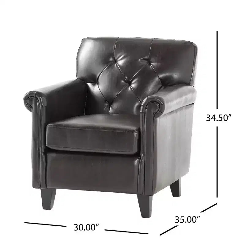 Fauteuil club contemporain capitonné en cuir reconstitué avec accoudoirs arrondis