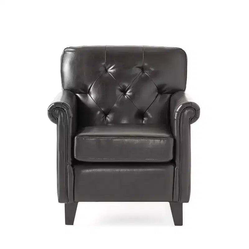 Fauteuil club contemporain capitonné en cuir reconstitué avec accoudoirs arrondis