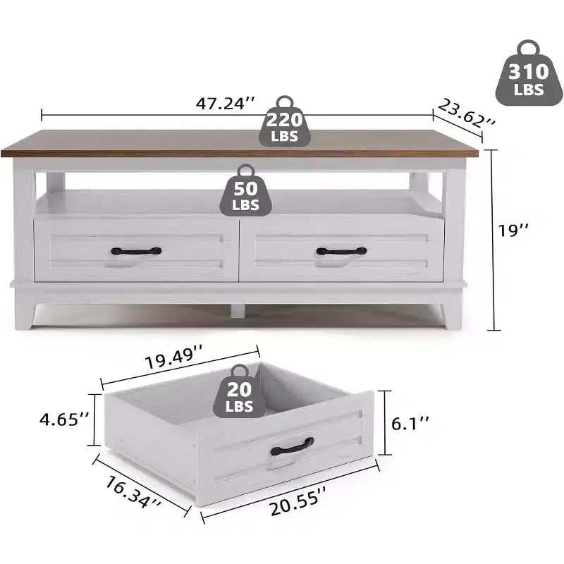 47,2 Table basse de ferme avec tiroirs et étagère ouverte, finition grain de bois noyer rustique, table centrale robuste à 6 pieds pour salon