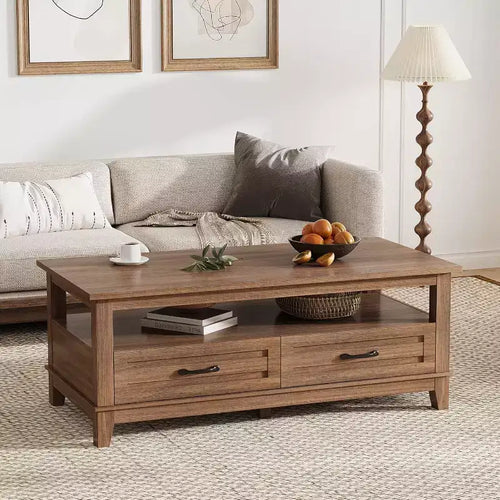 47,2 Table basse de ferme avec tiroirs et étagère ouverte, finition grain de bois noyer rustique, table centrale robuste à 6 pieds pour salon