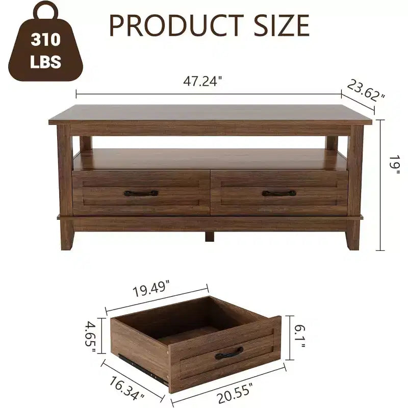 47,2 Table basse de ferme avec tiroirs et étagère ouverte, finition grain de bois noyer rustique, table centrale robuste à 6 pieds pour salon