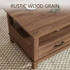 47,2 Table basse de ferme avec tiroirs et étagère ouverte, finition grain de bois noyer rustique, table centrale robuste à 6 pieds pour salon