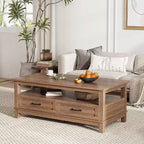 47,2 Table basse de ferme avec tiroirs et étagère ouverte, finition grain de bois noyer rustique, table centrale robuste à 6 pieds pour salon