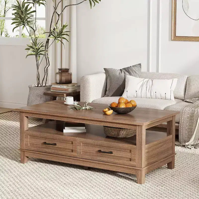 47,2 Table basse de ferme avec tiroirs et étagère ouverte, finition grain de bois noyer rustique, table centrale robuste à 6 pieds pour salon