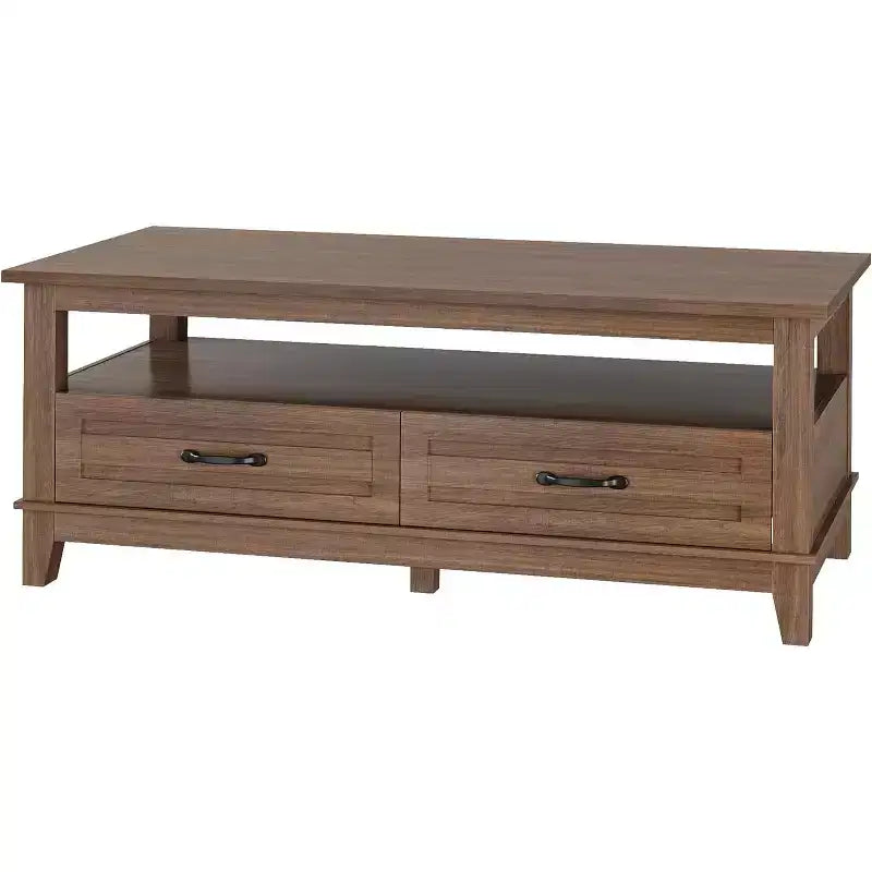 47.2 Farmhouse Coffee Table with Drawers and Open Shelf, Rustic Walnut Wood Grain Finish, Sturdy 6-Leg Center Table for Living Room