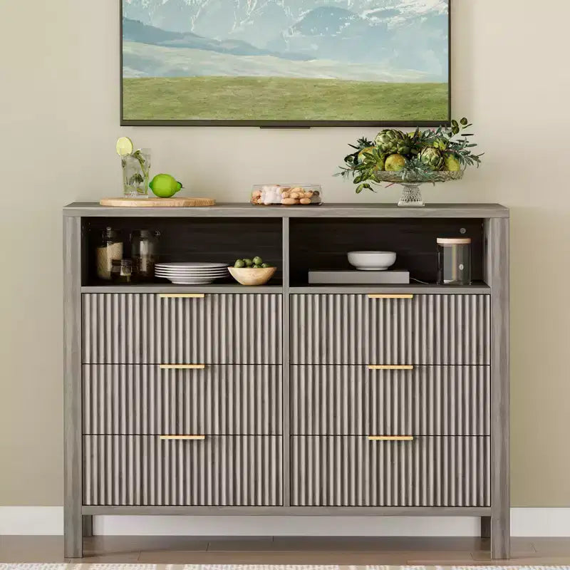 Commode à 6 tiroirs pour chambre à coucher, commode de style rustique avec 2 étagères ouvertes et portes cannelées pour salon, entrée