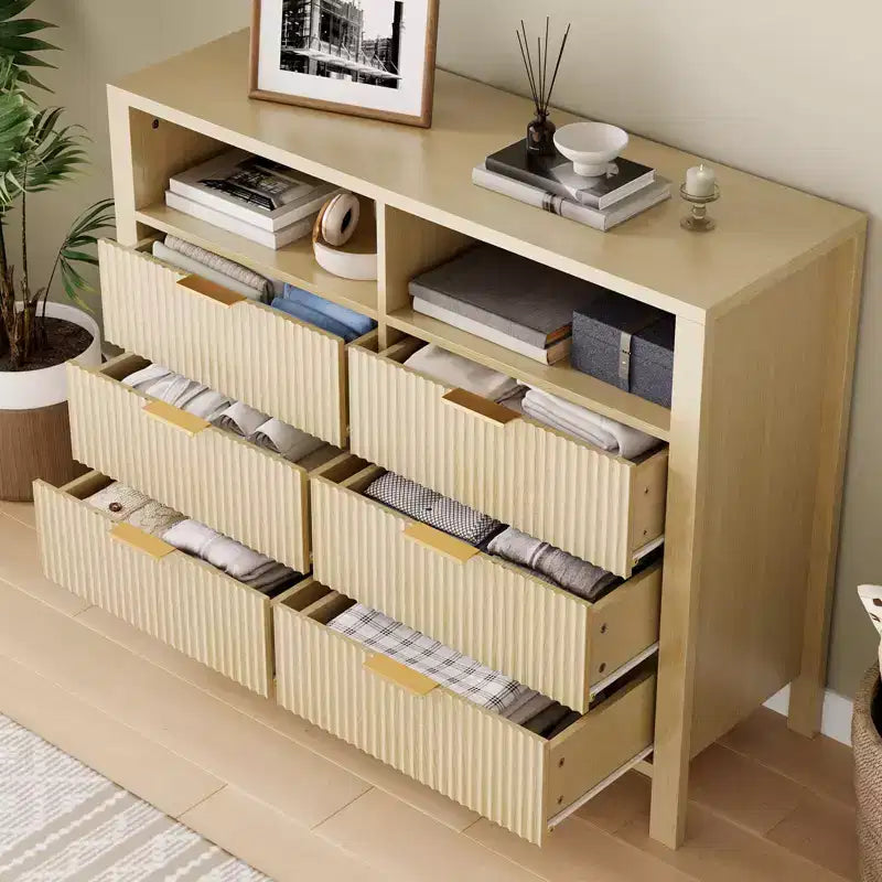 Commode à 6 tiroirs pour chambre à coucher, commode de style rustique avec 2 étagères ouvertes et portes cannelées pour salon, entrée