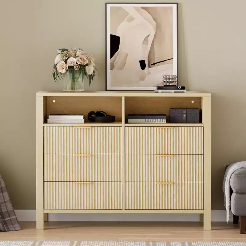 Commode à 6 tiroirs pour chambre à coucher, commode de style rustique avec 2 étagères ouvertes et portes cannelées pour salon, entrée