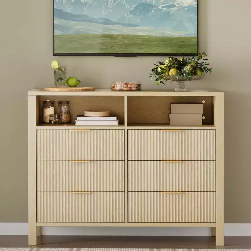 Commode à 6 tiroirs pour chambre à coucher, commode de style rustique avec 2 étagères ouvertes et portes cannelées pour salon, entrée