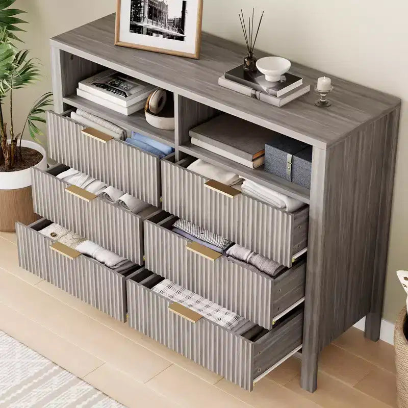 Commode à 6 tiroirs pour chambre à coucher, commode de style rustique avec 2 étagères ouvertes et portes cannelées pour salon, entrée