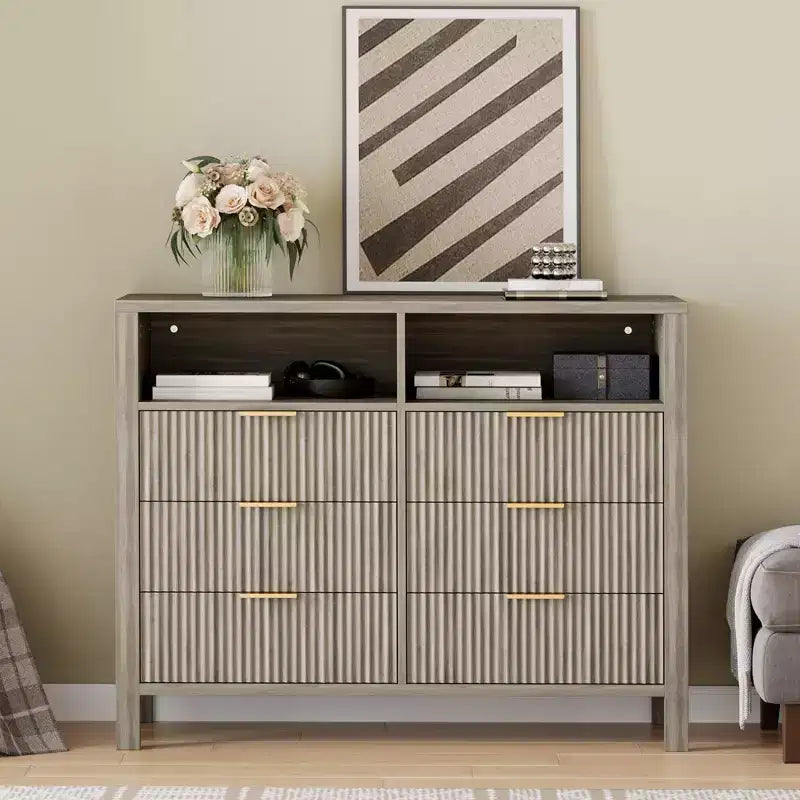 Commode à 6 tiroirs pour chambre à coucher, commode de style rustique avec 2 étagères ouvertes et portes cannelées pour salon, entrée