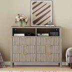 Commode à 6 tiroirs pour chambre à coucher, commode de style rustique avec 2 étagères ouvertes et portes cannelées pour salon, entrée