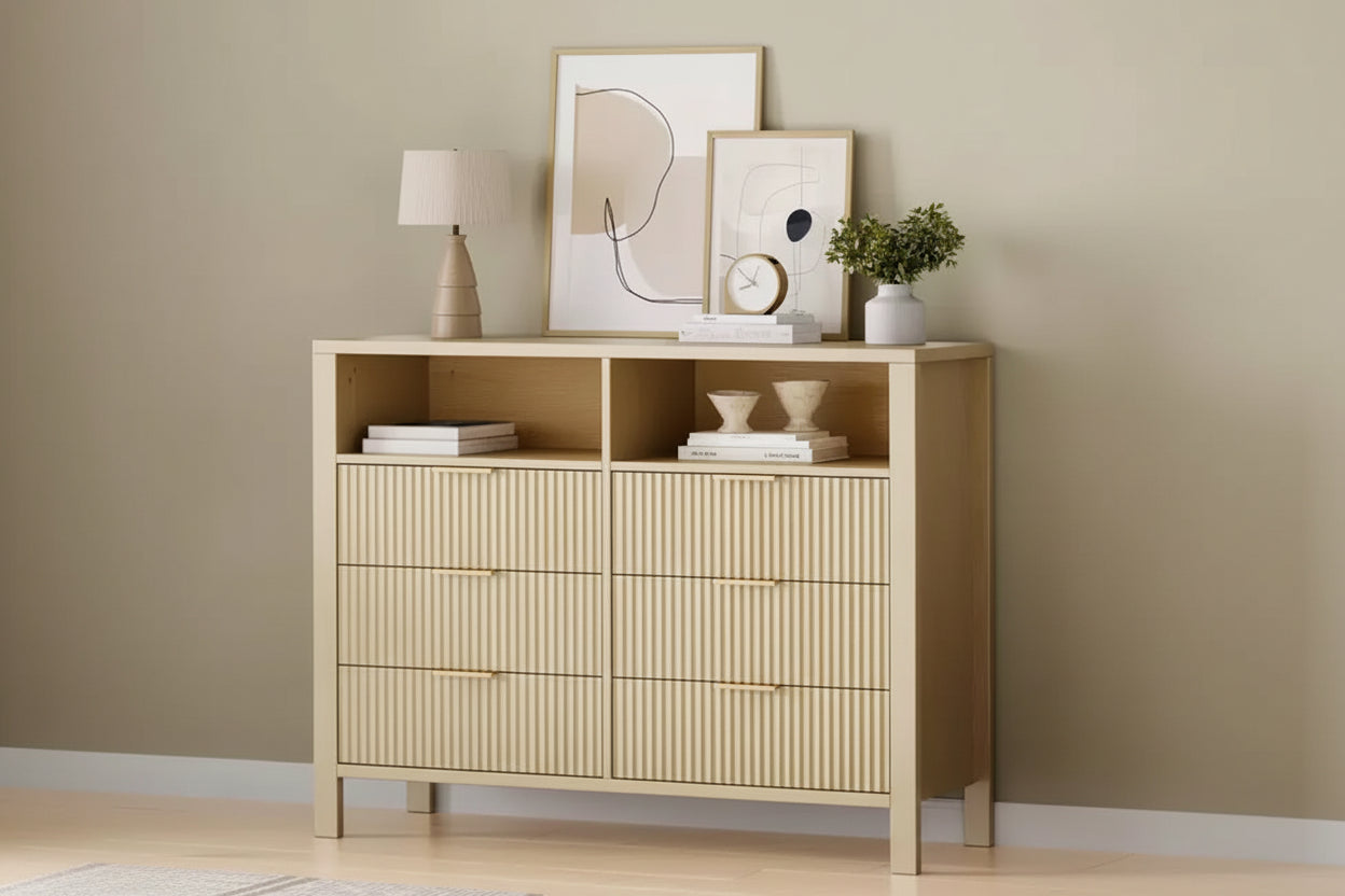 6 Drawer Dresser for Bedroom, Farmhouse Chest of Drawers with 2 Open Shelves and Fluted Doors for Living Room, Entryway