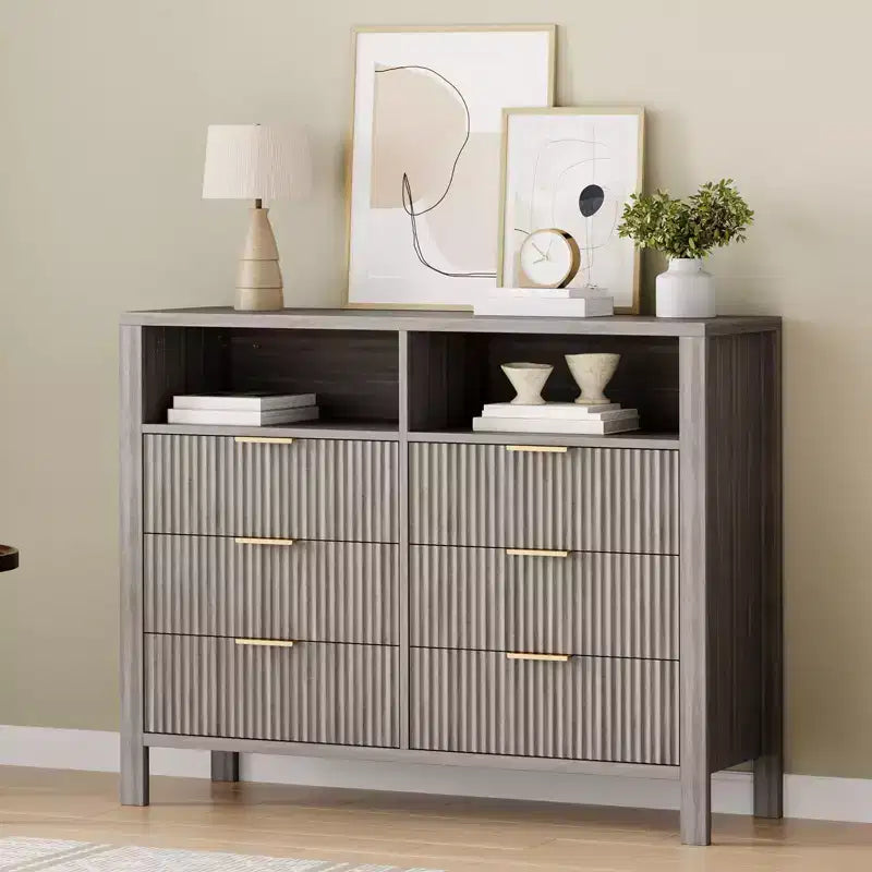 Commode à 6 tiroirs pour chambre à coucher, commode de style rustique avec 2 étagères ouvertes et portes cannelées pour salon, entrée