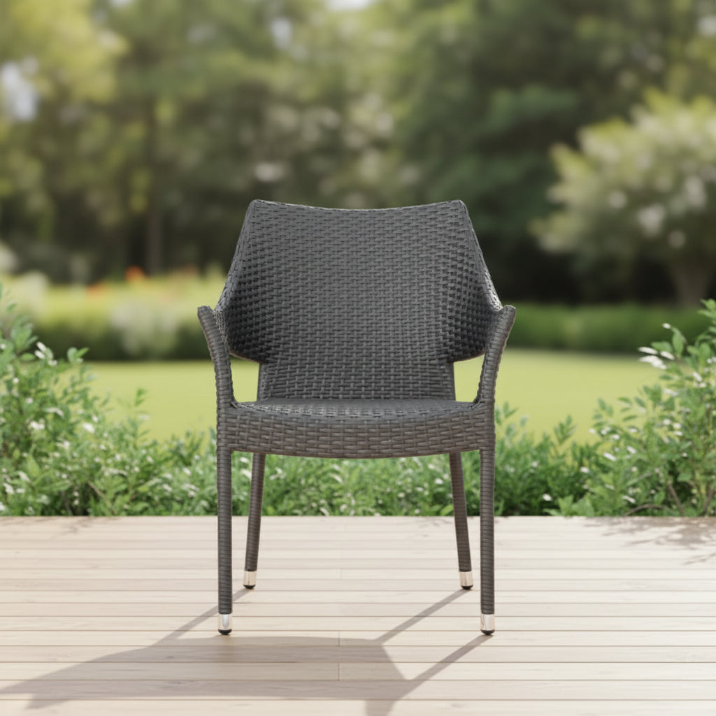 Fauteuil empilable en rotin PE gris, résistant aux intempéries, peu encombrant pour le patio